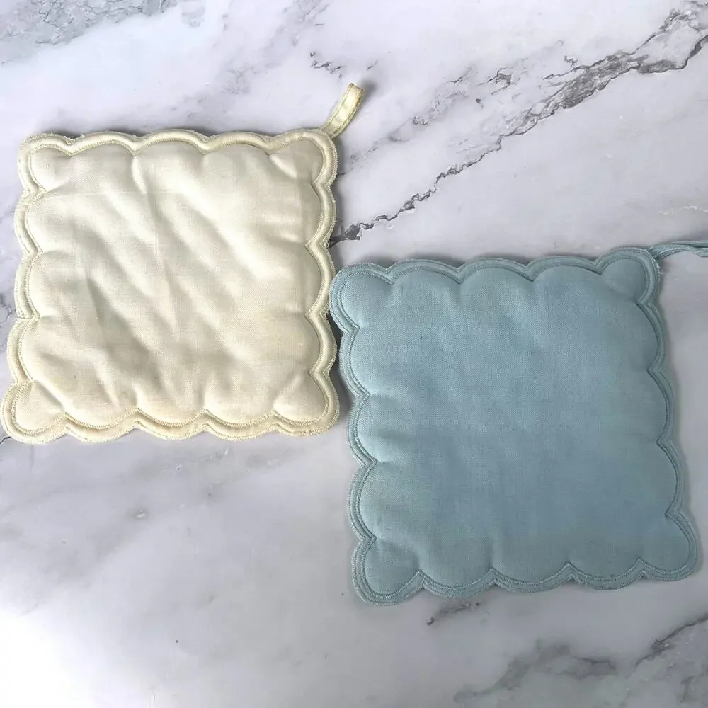 Vintage Quilted Floral Potholders Set of 2 Blue Cream Embroidered Scalloped